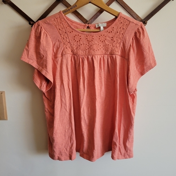Ella Moss Tops - Anthropologie Ella Moss Short Sleeve Cotton Modal Blouse Lace Pink Orange Large